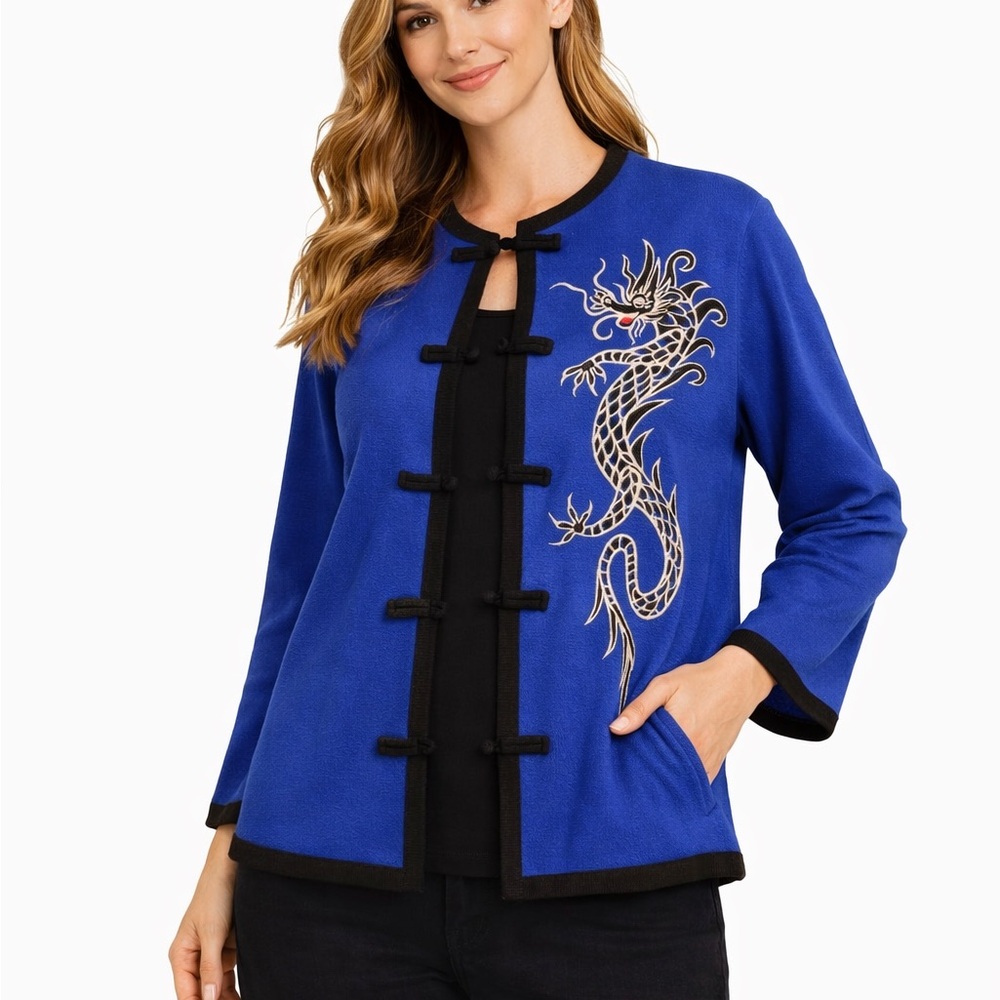 Bob Mackie Size Medium Blue‎ Cardigan with Dragon Embroidery
